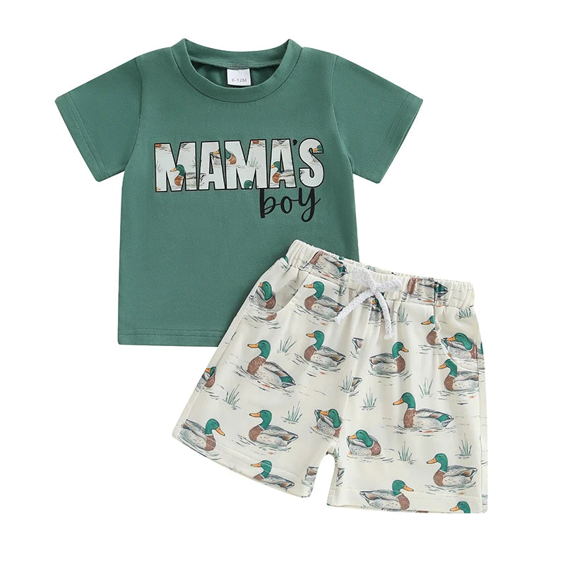12M-4Y Boys Summer Shorts Sets, Short Sleeve, O Neck, Letter Print Tops and Duck Print Shorts Sets