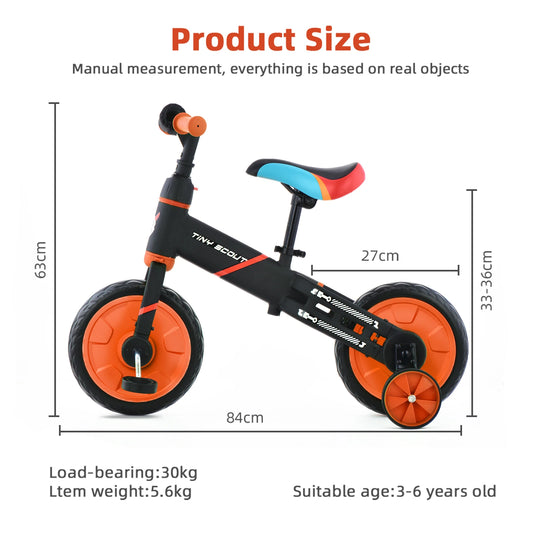 Tiny Scout Balance Bike 3 4 5 Years , 4-in-1 with Optional Support Wheels and Pedals, Saddle Height Adjustable