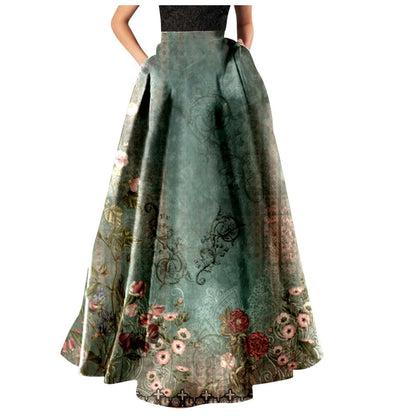 Bohemian Print Long Holiday Floral Skirt, High Waist