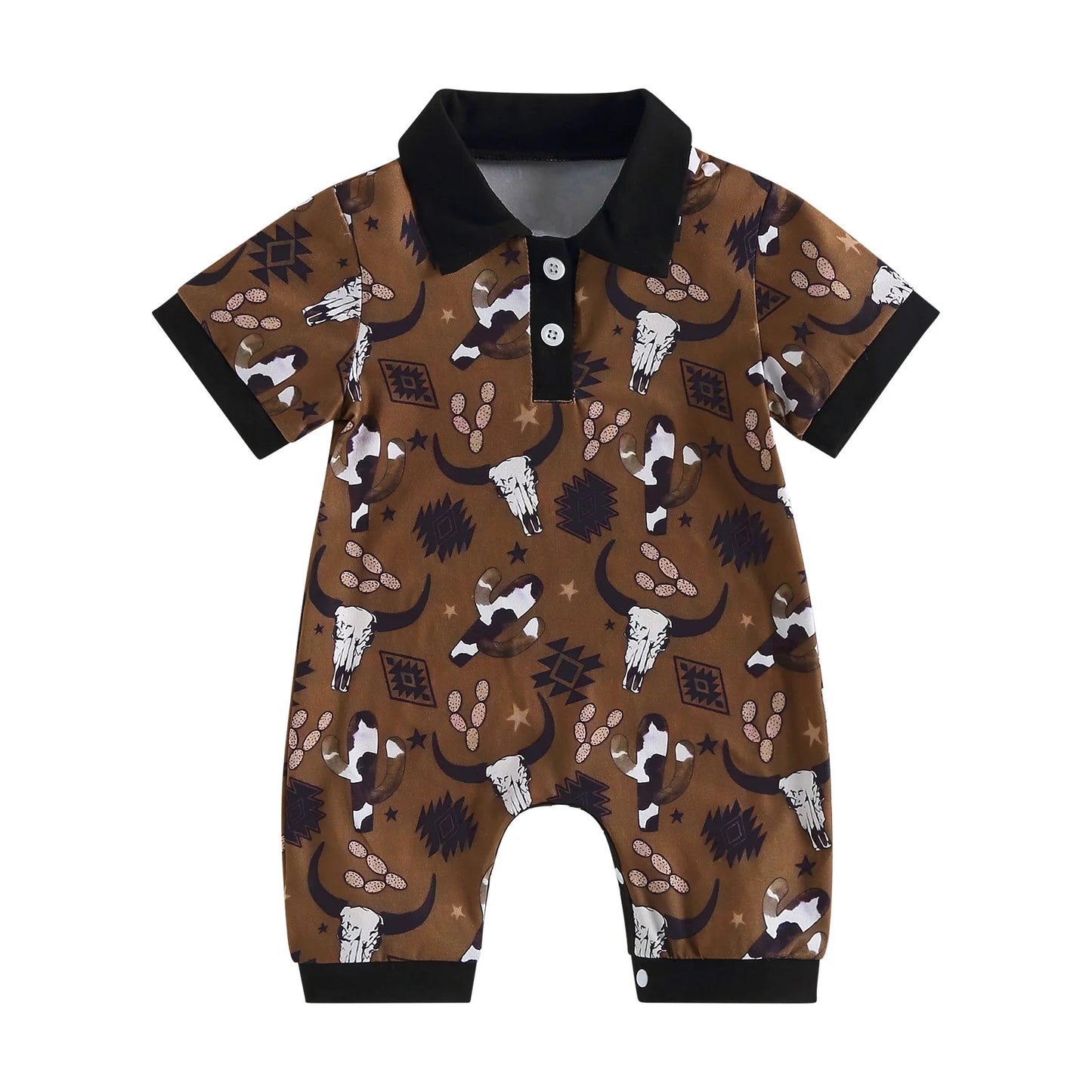 0-18 mo Infant Baby Boys Jumpsuit, Casual Head Print, Short Sleeve Romper