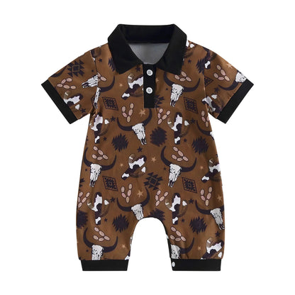 0-18 mo Infant Baby Boys Jumpsuit, Casual Head Print, Short Sleeve Romper