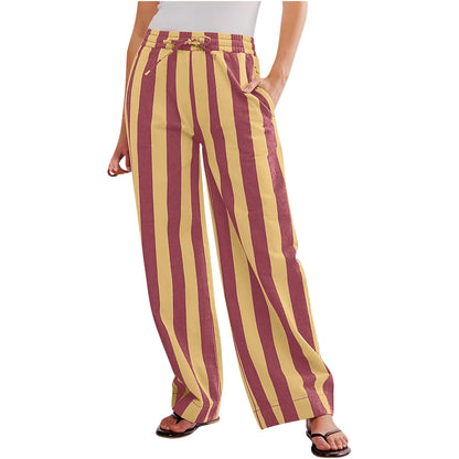 Women Casual Baggy Trousers, Striped Color Blocking, High Waist, Wide Leg, Pockets
