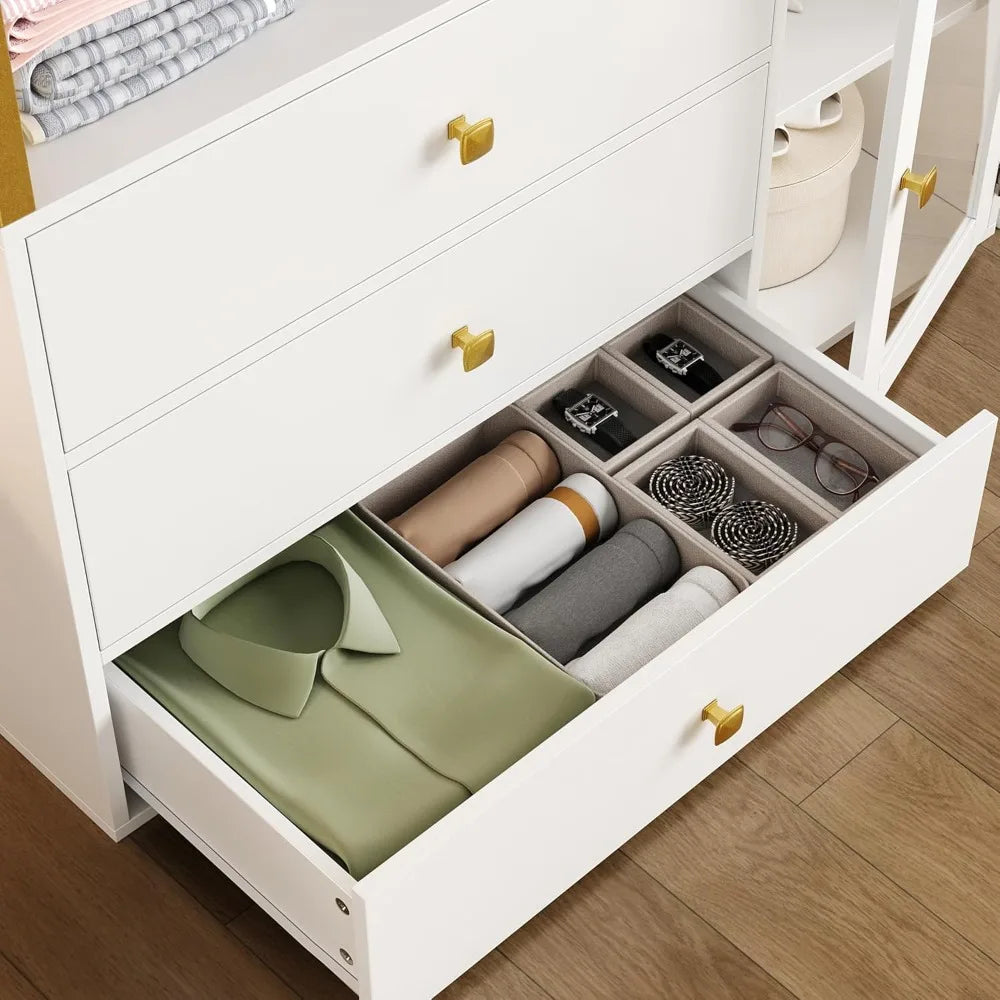 2 pcs Closet Organizer System, Wardrobe Closet with 3 Wooden Drawers, Clothes Rack with Hanging Rods and 4 Tiers Shelves