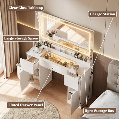 44" Vanity/Desk with Large Mirror and Lights, Modern Glass Top, Power Outlet, 3 Drawers and 2 Cabinet