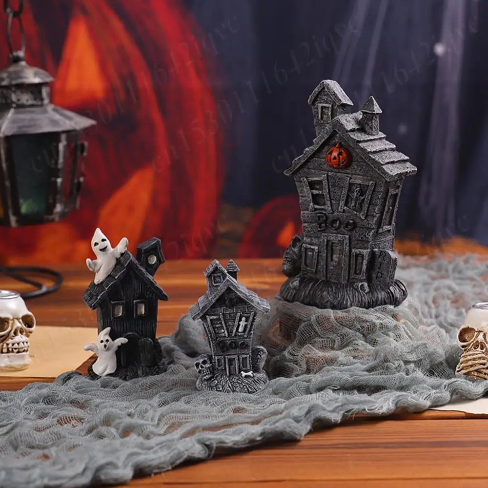 Halloween Miniature Resin Statue Figurines, Pumpkin haunted house and skeleton tombstone