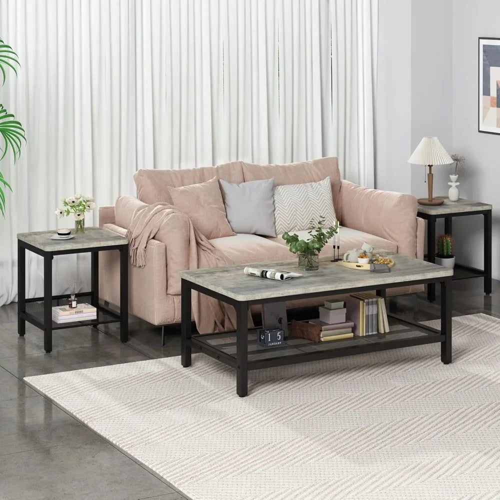 Industrial Coffee Table with 2 Square End Side Tables