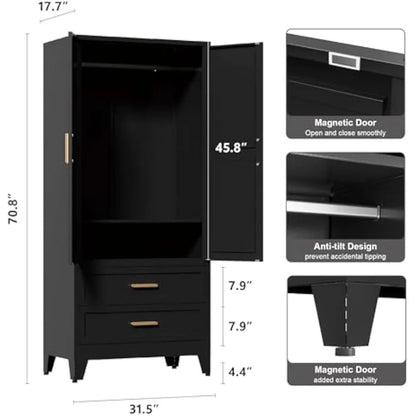 71'' Metal Wardrobe Cabinet with Hanging Rod, 2 Barn Door with Adjustable Shelves, 2 Drawer