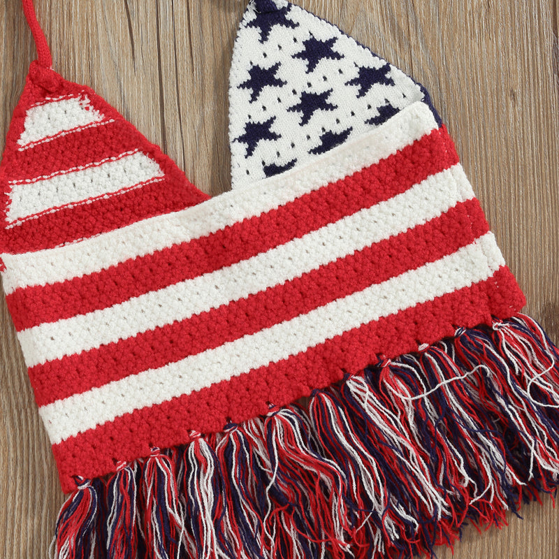 2Pc 2T-6T Toddler Girl  Independence Day Summer Set, Knit Vest Top Denim Shorts
