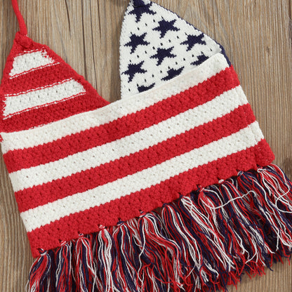 2Pc 2T-6T Toddler Girl  Independence Day Summer Set, Knit Vest Top Denim Shorts