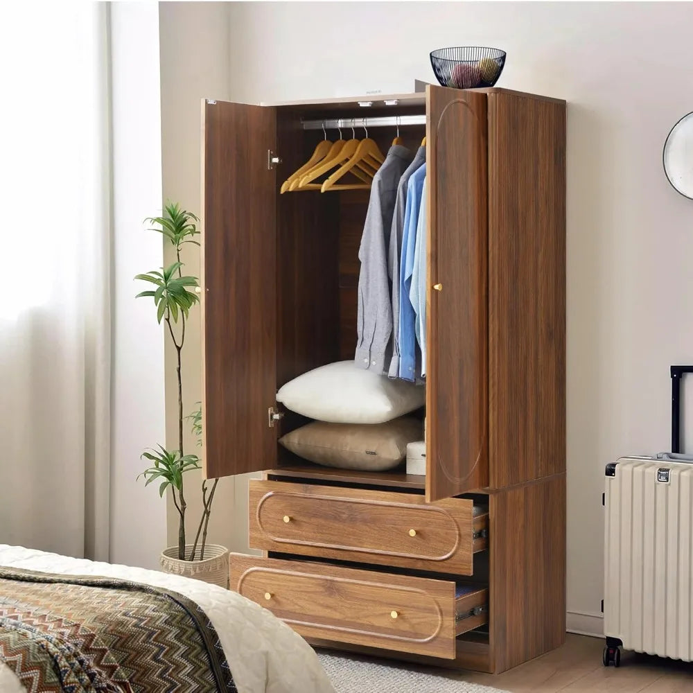 Freestanding Armoire Closet with 2 Doors and 2 Storage Drawers