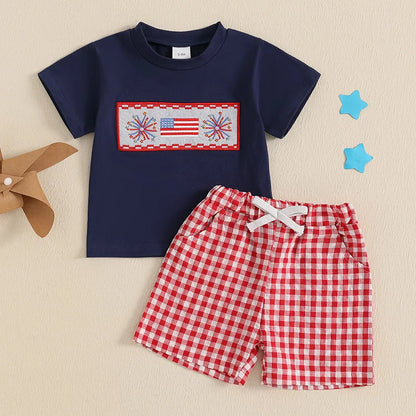 6MO-3T Baby Boy 4th of July Outfit, Short Sleeve Truck/Flag Embroidery T Shirt + Shorts