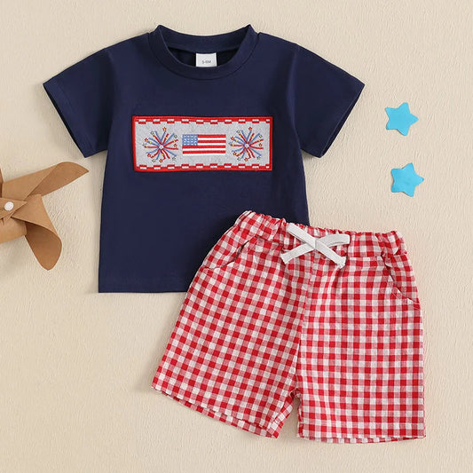 6MO-3T Baby Boy 4th of July Outfit, Short Sleeve Truck/Flag Embroidery T Shirt + Shorts