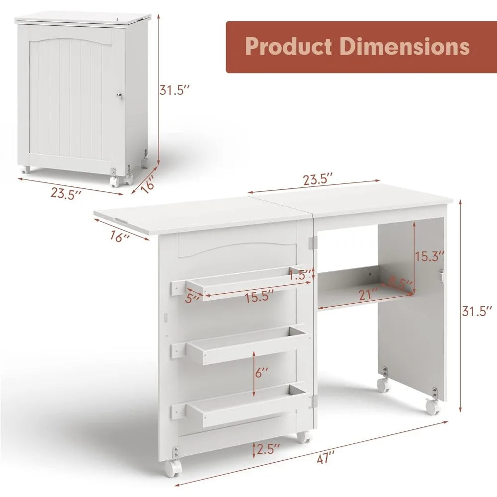 Folding Sewing Cabinet with 3 Storage Bins and Shelf, Rolling Craft Station