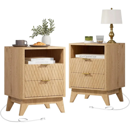 18" Side stand with Charging Station, Storage Drawers-Natural Oak