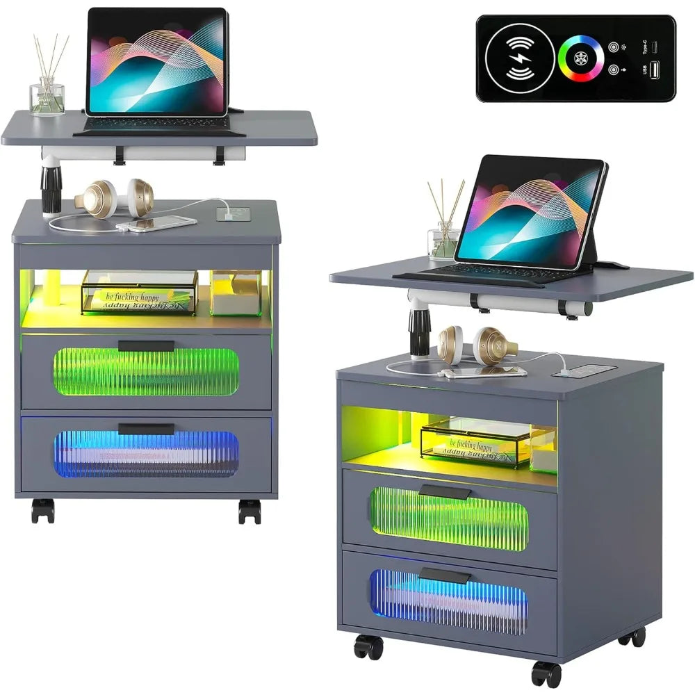 LED Nightstand Set of 2 with Wireless Charging Station, Smart Night Stand with Adjustable Rotary Table