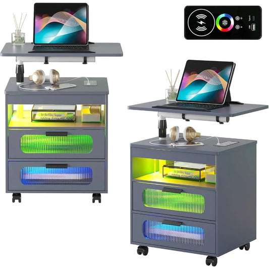 LED Nightstand Set of 2 with Wireless Charging Station, Smart Night Stand with Adjustable Rotary Table