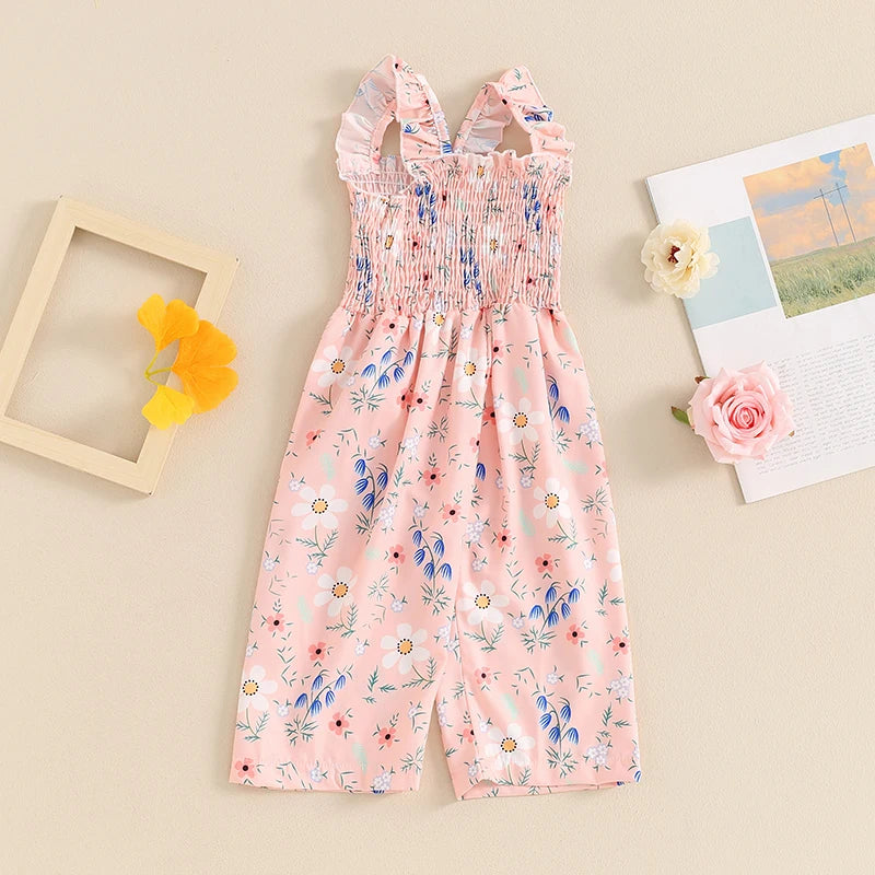 12MO-4T Lovely Baby Girls Summer Jumpsuit, Sleeveless Strap, Floral Print, Wide Leg Pants