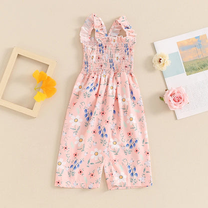 12MO-4T Lovely Baby Girls Summer Jumpsuit, Sleeveless Strap, Floral Print, Wide Leg Pants
