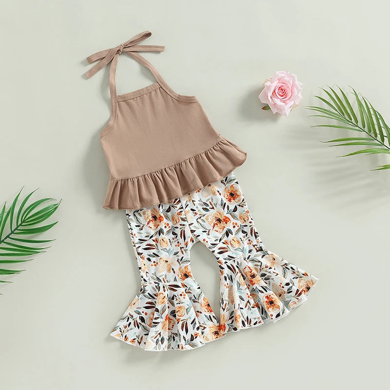 6-24M 2Pcs Baby Girls  Summer Clothing Set, Lacing Halterneck Vest with Flower Print Flare Pants