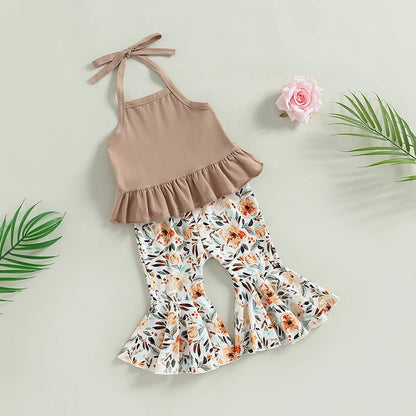 6-24M 2Pcs Baby Girls  Summer Clothing Set, Lacing Halterneck Vest with Flower Print Flare Pants