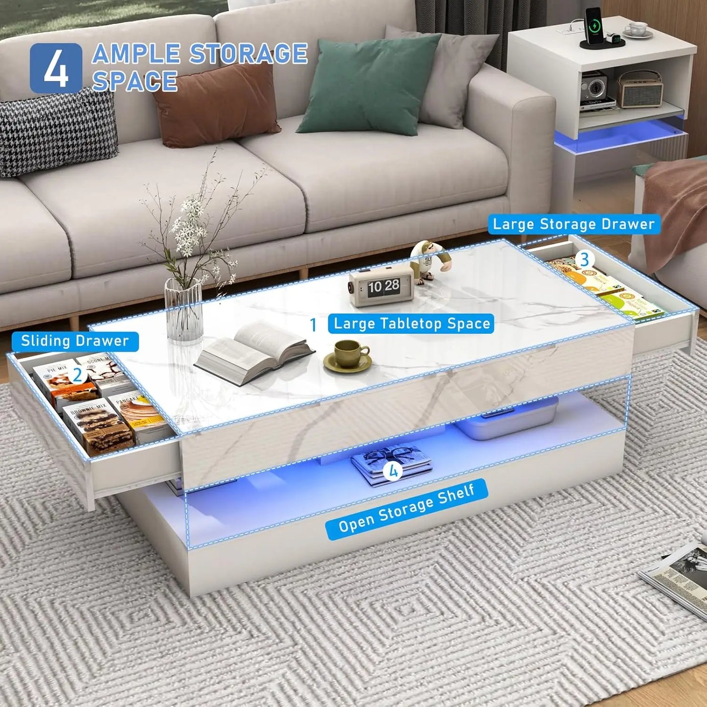 Modern Stylish Coffee Table with 2 Storage Drawers and LED lights