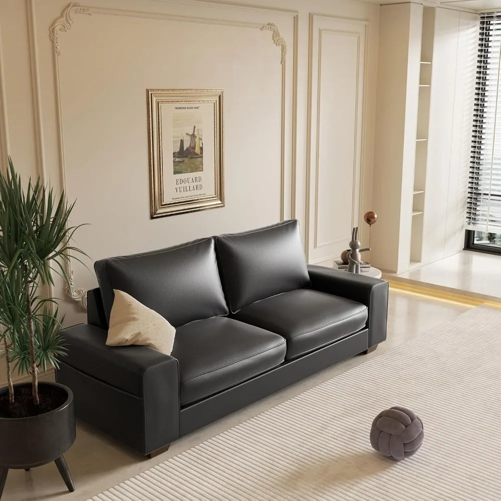 Faux Leather Comfy Loveseat Sofa with Wide Arm, Side Pockets, Solid Wooden Frame