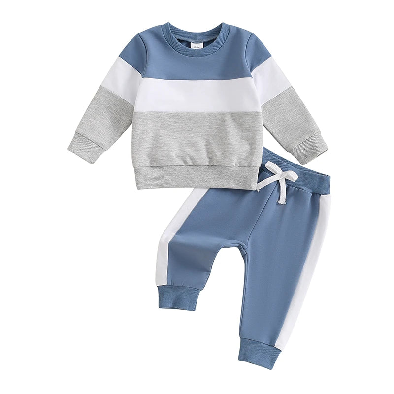 3-24 MO & 3T Boy Pants Set, Long Sleeve, Round Neck Sweatshirt. Drawstring Long Pants Contrast Color Outfits