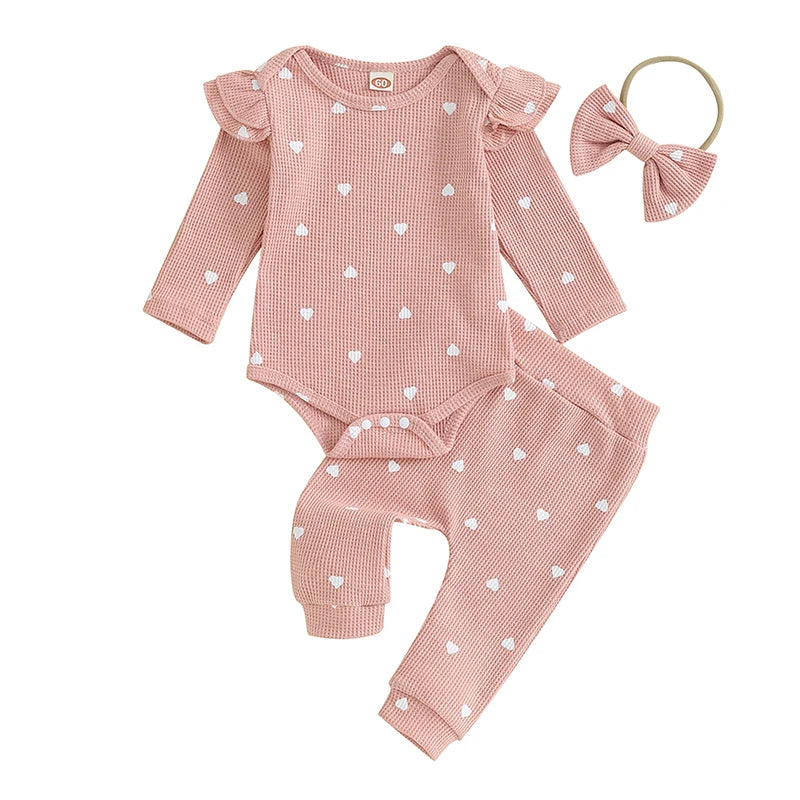 3-24MO Baby Girl Set Waffle Knit, Heart Long Sleeve Romper Pants Headband