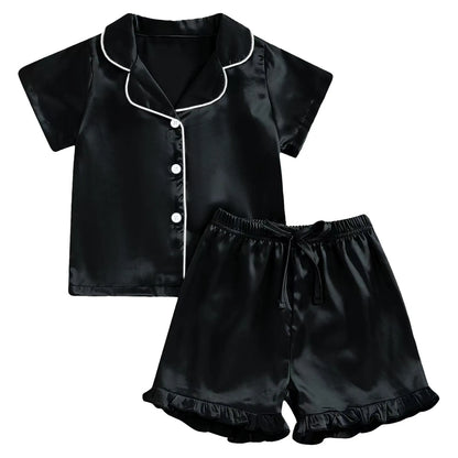 1Y-13Y Silk Pajamas Girl Satin Summer Feather Pajamas Short Sleeve