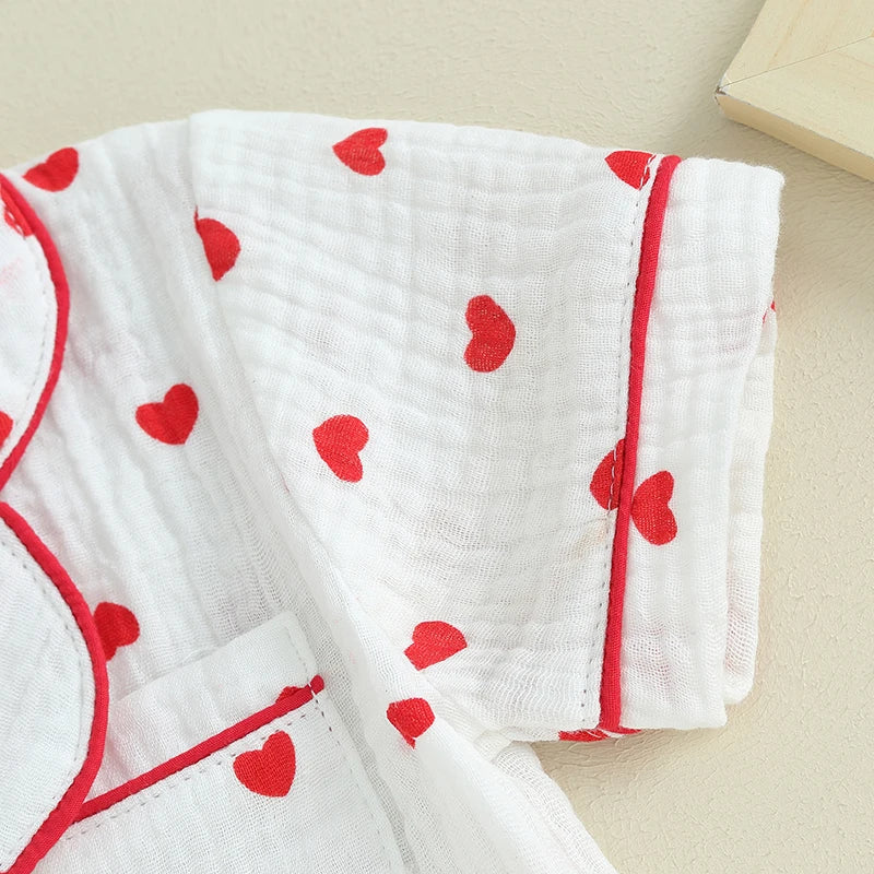 6MO-4T Girl Valentine‘s Day Heart Button Down Short Sleeve Sleepwear Loungewear Pjs Set