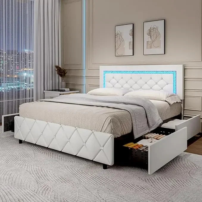 Platform Bed with Diamond Headboard and Footboard with LED, Storage Drawers