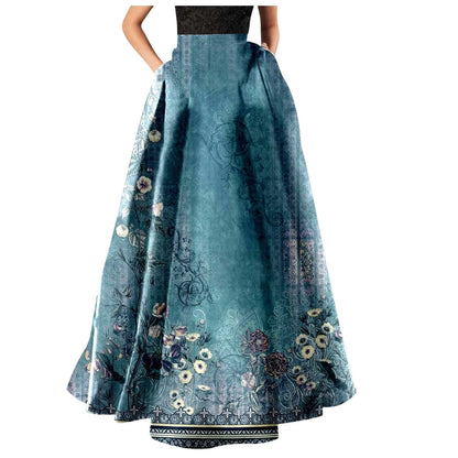 Bohemian Print Long Holiday Floral Skirt, High Waist