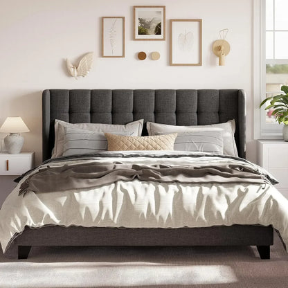 Fabric Upholstered Square Stitched Headboard and Wooden Slats
