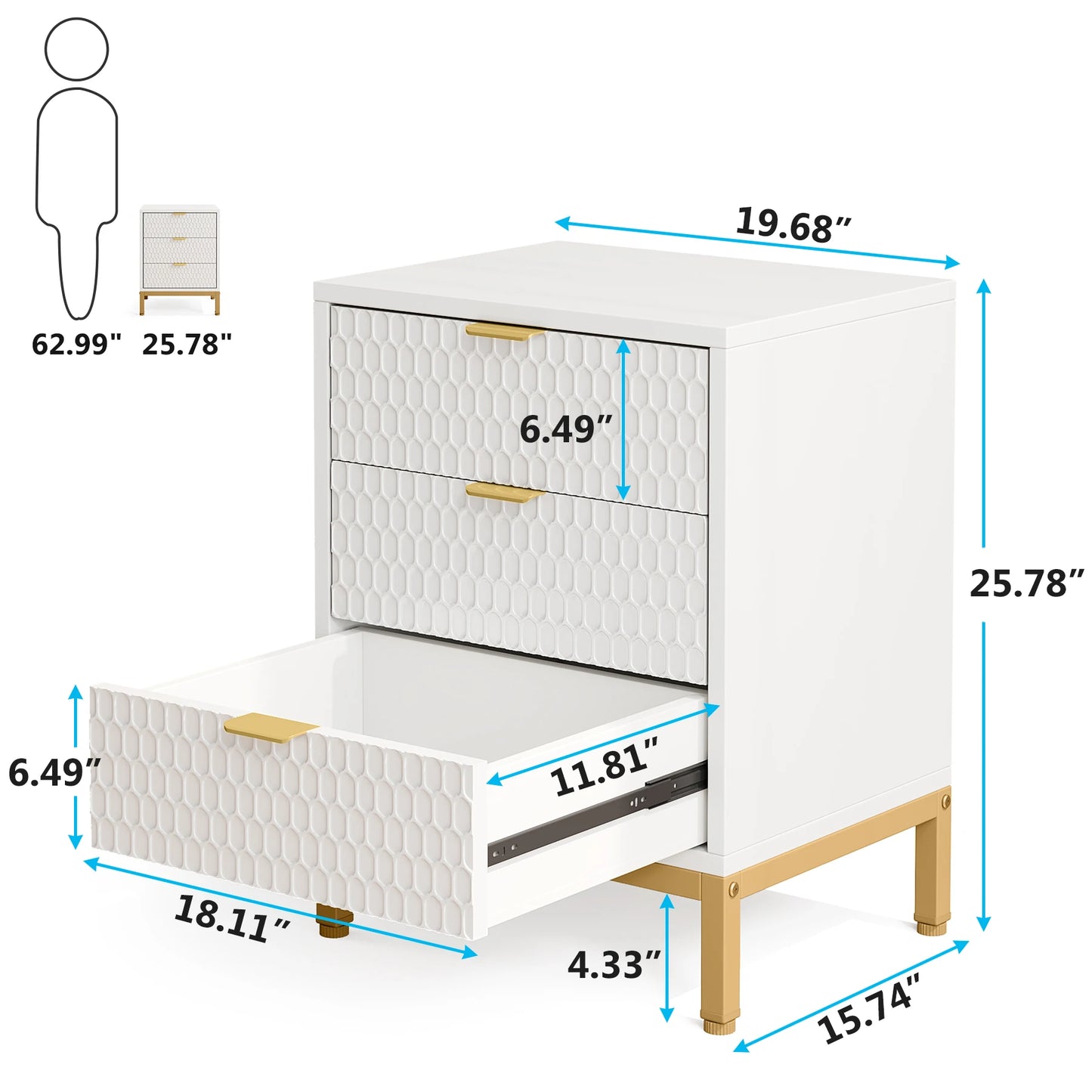 25.78" Tall Bedside Table with 3 Drawers