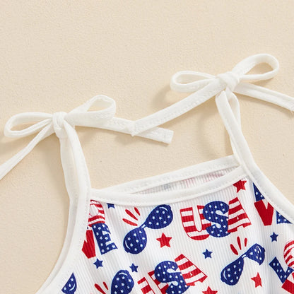 18MO-5T Girls Jumpsuit Tie-up Spaghetti Straps Stars Print Romper 4th of July