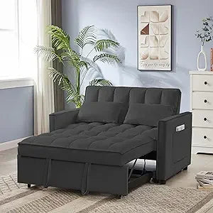 65'' 3-in-1 Queen Size Pullout Sofa, Modern Chenille Fabric, 360° Swivel Side Table