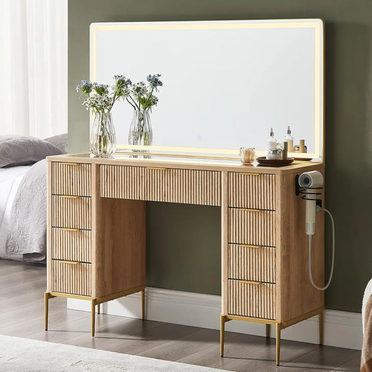 48" Vanity/Desk with 48" Large Mirror and HD Lights with 9 Drawers & Charging Station