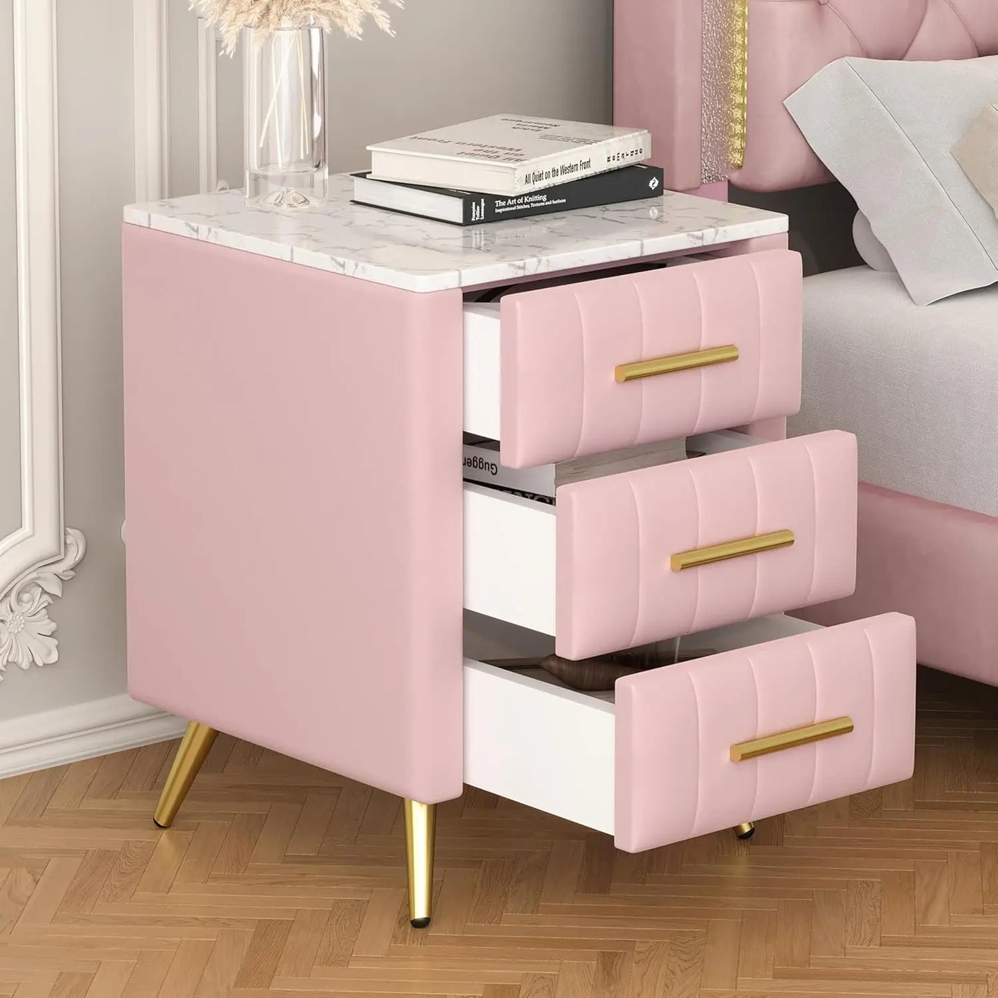 Nightstand with Drawers Set of 2, Upholstered Wood with Marbling Top