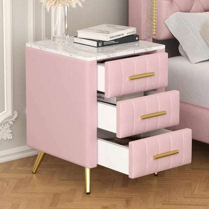 Nightstand with Drawers Set of 2, Upholstered Wood with Marbling Top