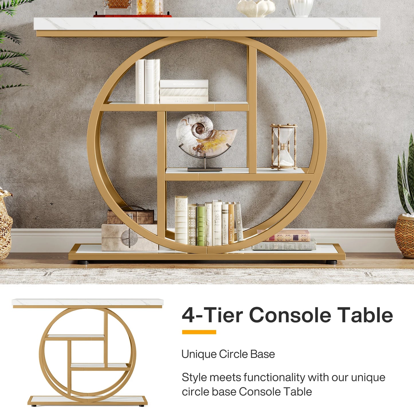 Modern Gold Sofa Table with Storage, 4 Tier