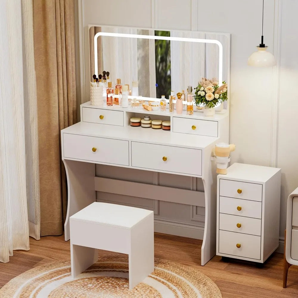 3-Piece Vanity/Desk with Upgraded Silent Slides, Movable Storage Cabinet, Golden Handles, 8 Drawers