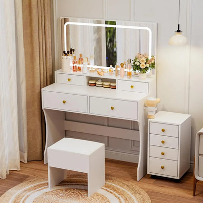 3-Piece Vanity/Desk with Upgraded Silent Slides, Movable Storage Cabinet, Golden Handles, 8 Drawers