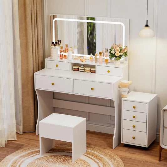 3-Piece Vanity/Desk with Upgraded Silent Slides, Movable Storage Cabinet, Golden Handles, 8 Drawers