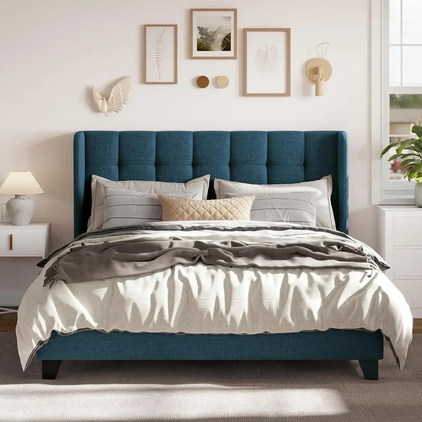 Fabric Upholstered Square Stitched Headboard and Wooden Slats