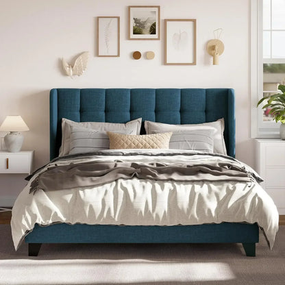 Fabric Upholstered Square Stitched Headboard and Wooden Slats