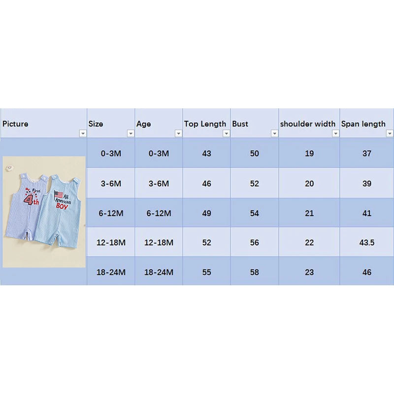 0-24 mo. Baby Boy 4th of July Romper, Star Letter Striped Sleeveless Overall Bodysuit