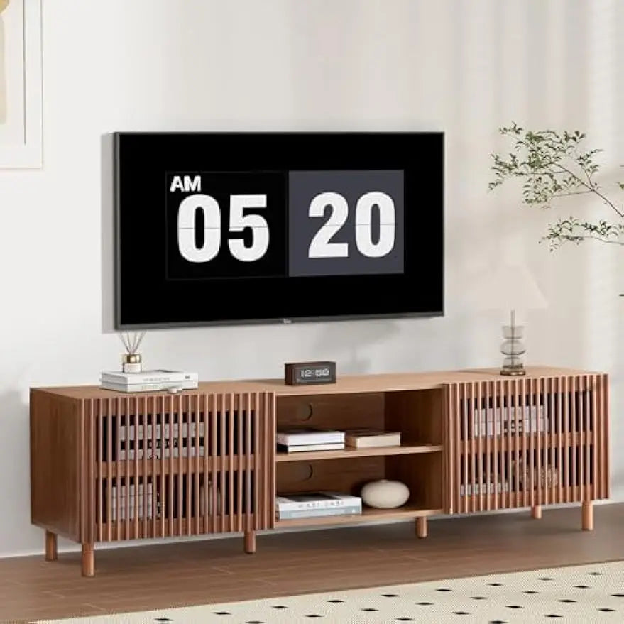 70" TV Stand for TV up to 75", Slatted Entertainment Center with Storage and Open Shelves