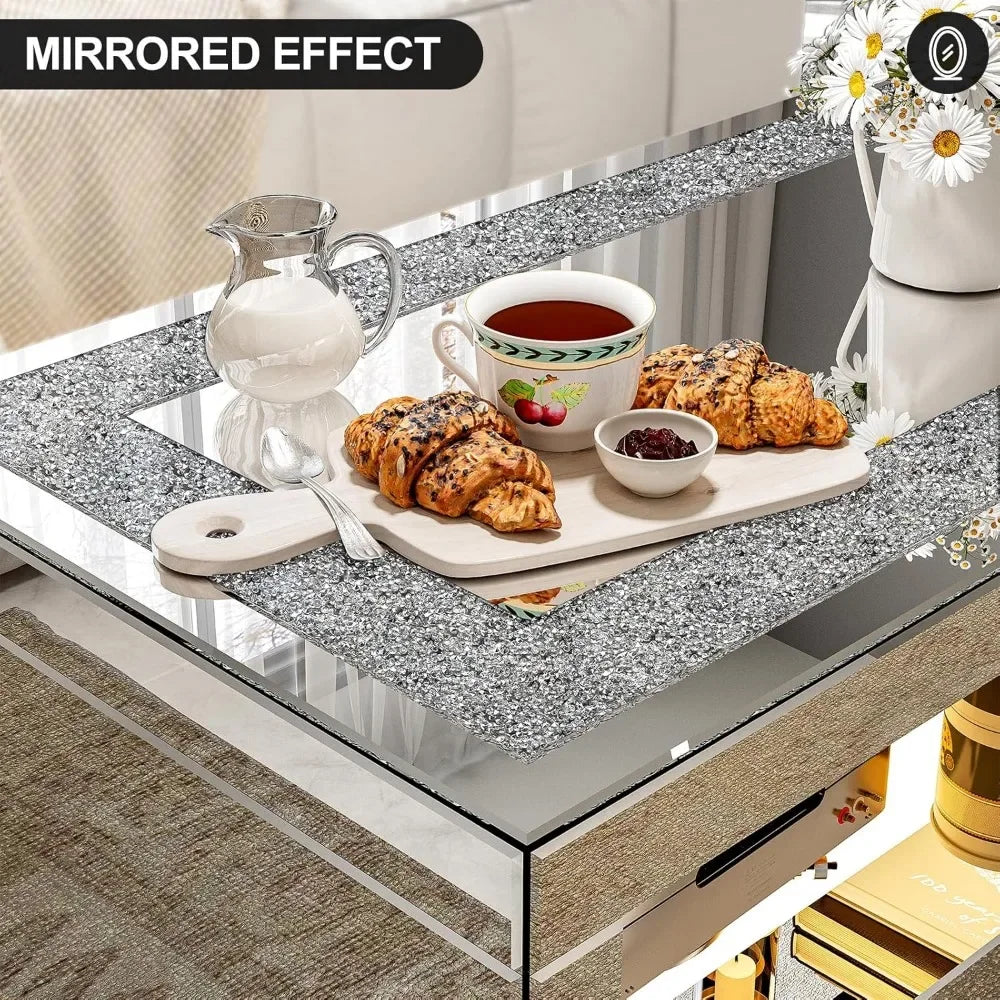 2 Tier Mirrored Coffee Table with Mirror Crystal Board