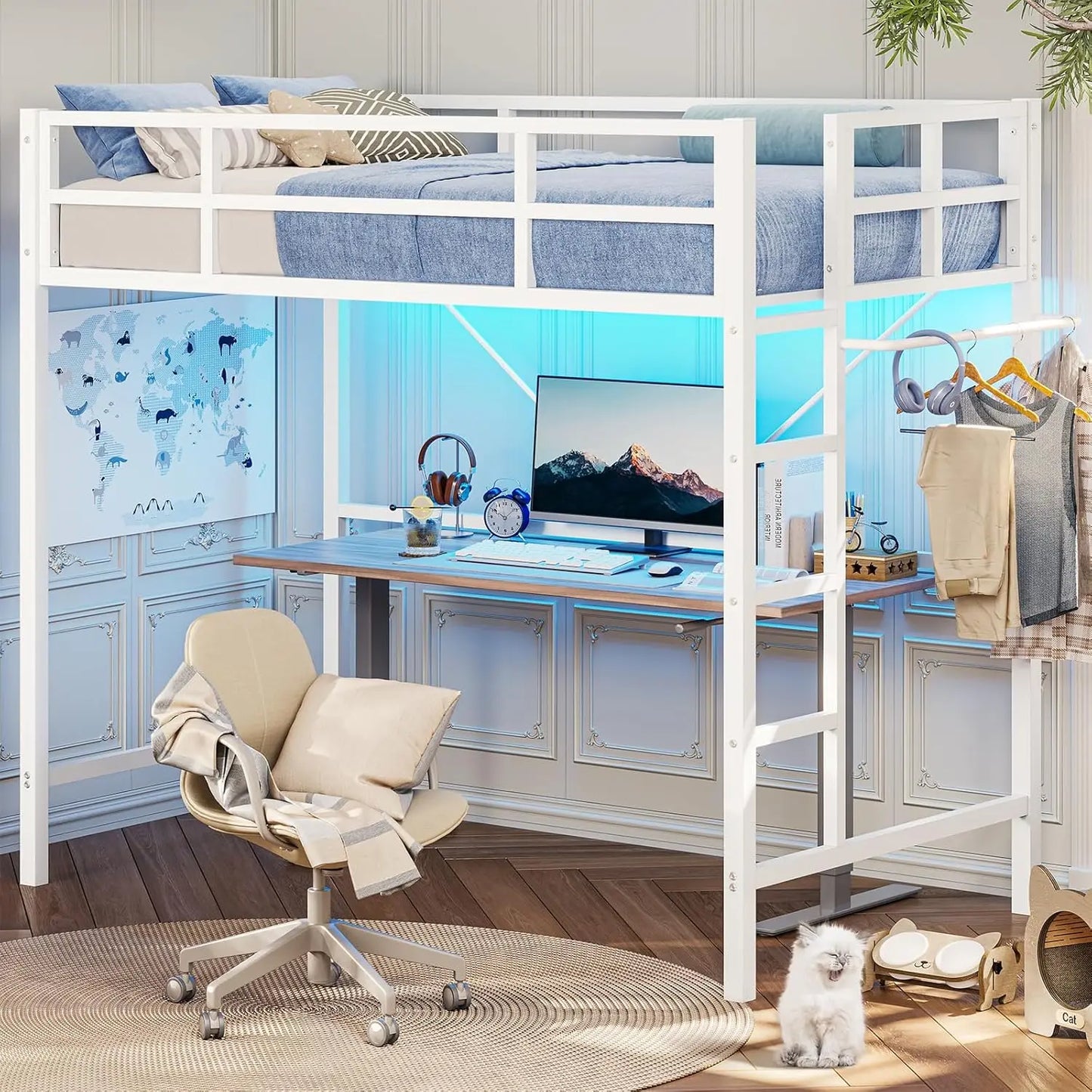 Twin Loft Bed with LED Lights, with Full-Length Guardrail, Clothes Rack