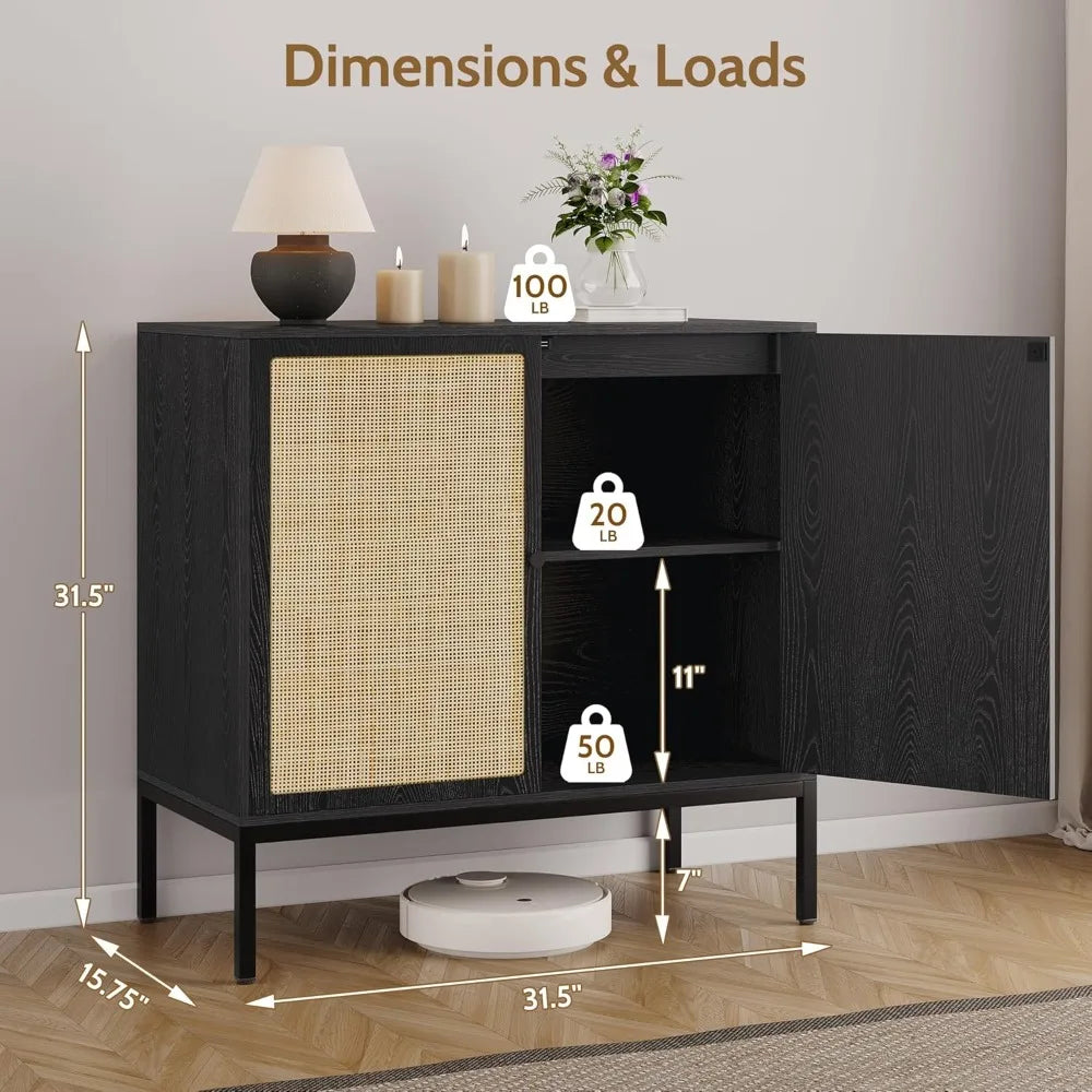 Set of 3 Sideboard Cabinet with Natural Rattan Hand-Woven Doors